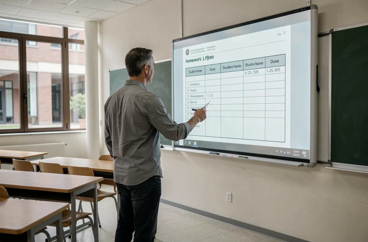 Professeur devant un tableau interactif présentant une organisation de devoirs en ligne dans une salle de classe moderne
