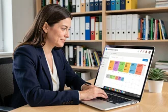Professeure utilisant une plateforme en ligne pour organiser ses cours et devoirs sur ordinateur portable dans un bureau scolaire moderne