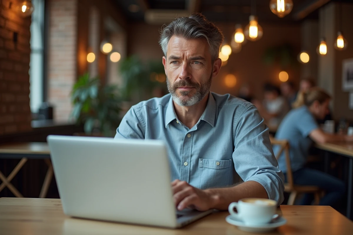 Homme d'âge moyen répondant à un quiz interactif de conjugaison française sur un ordinateur portable dans un café