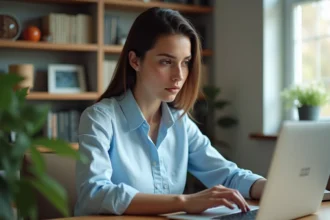 Femme consultant ses identifiants de connexion sur un ordinateur portable dans un bureau à domicile