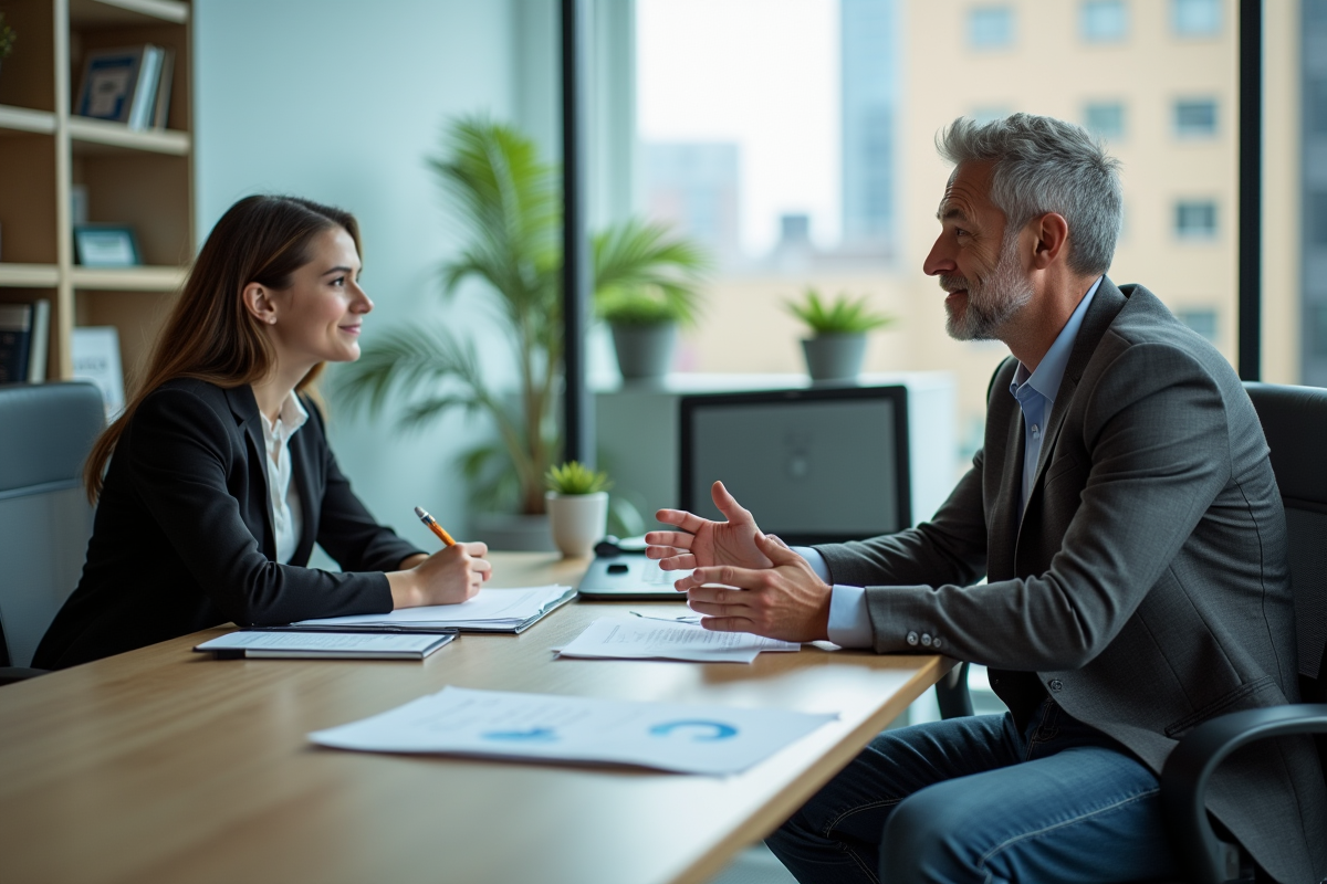 Jeune femme en réunion dans un bureau lumineux et moderne