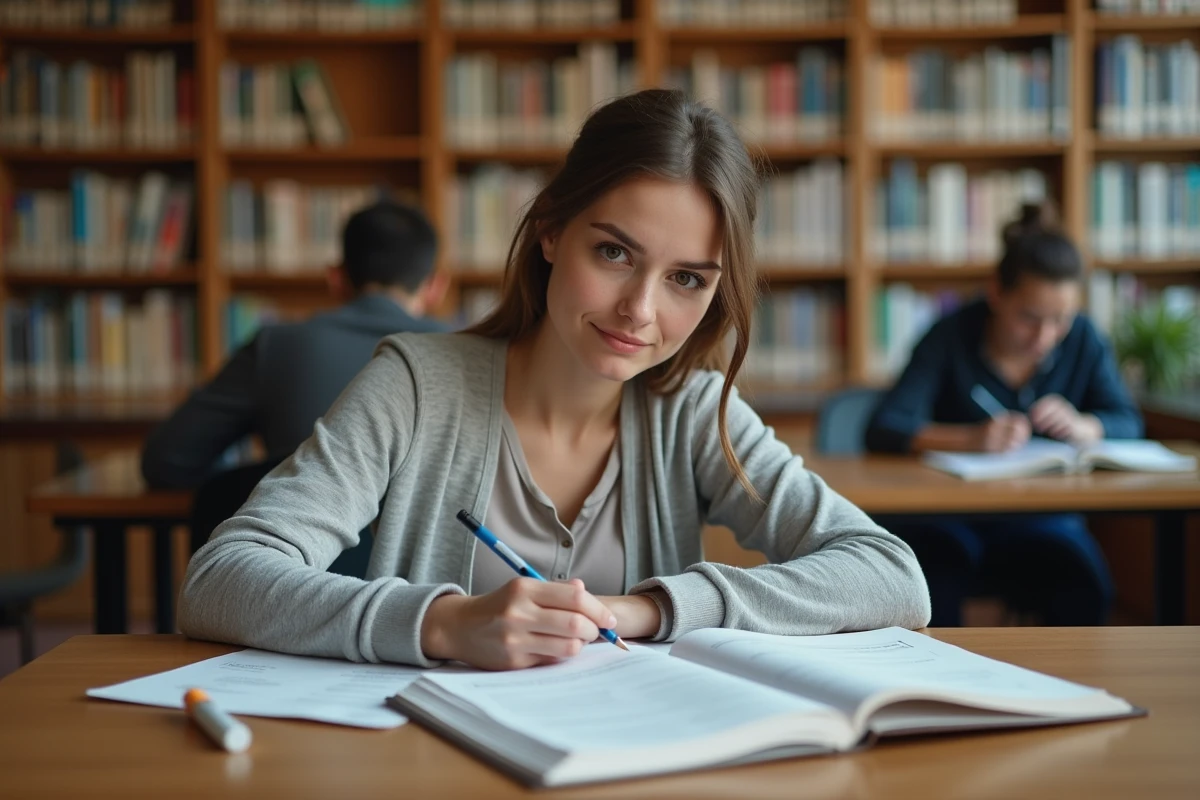 Femme qui révise des exercices psychotechniques dans une bibliothèque moderne avec surligneur et cahier d'entraînement