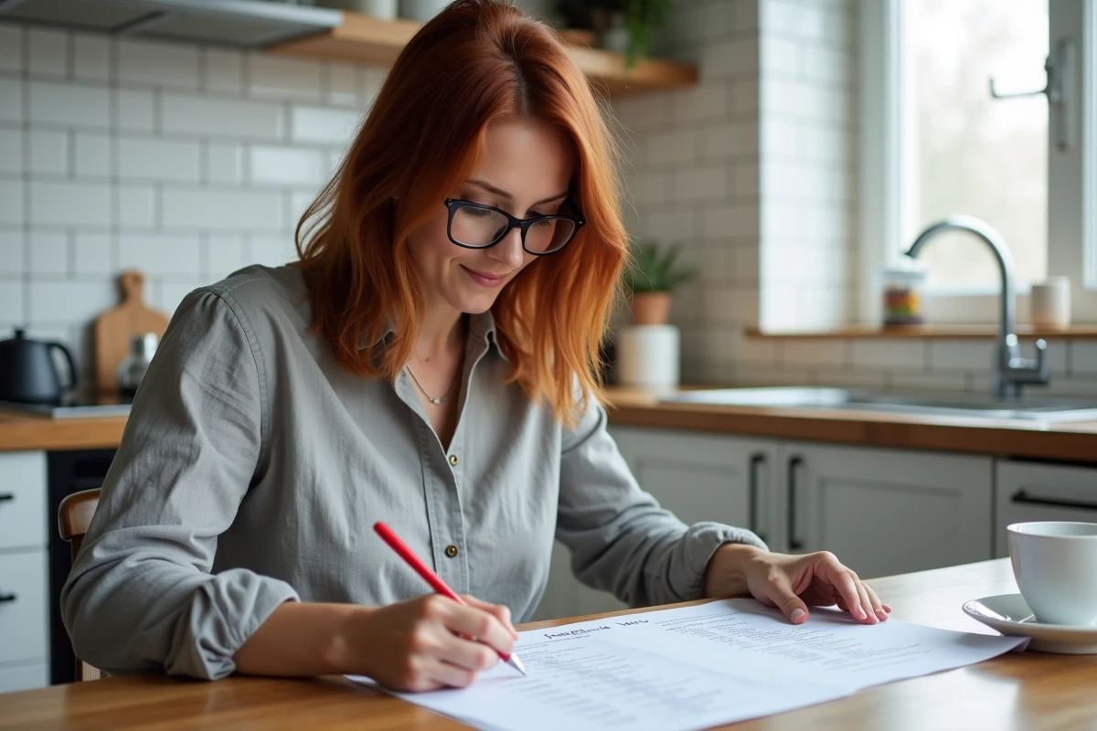 Femme révisant une liste de verbes du 1er groupe avec un stylo rouge à la maison