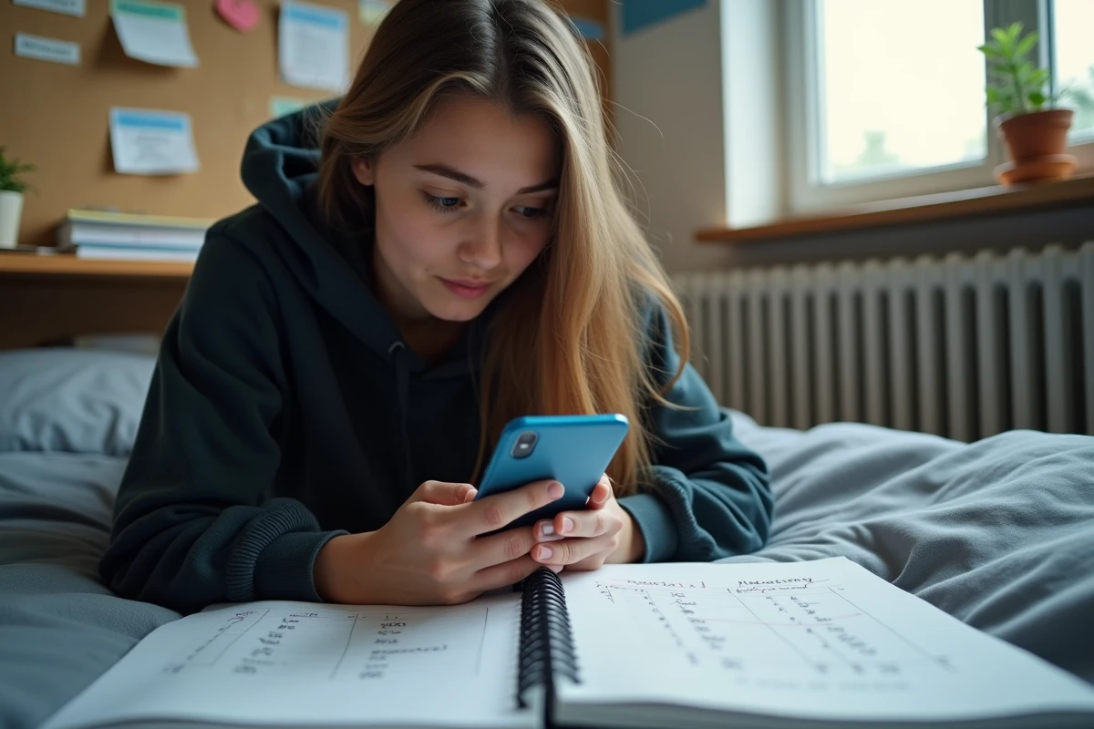 Étudiante universitaire révisant la conjugaison du passé simple sur son smartphone dans une chambre de résidence