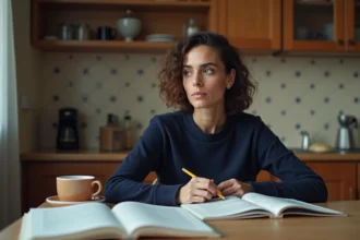 Femme révisant les questions de naturalisation française avec un livret annoté à la table de cuisine