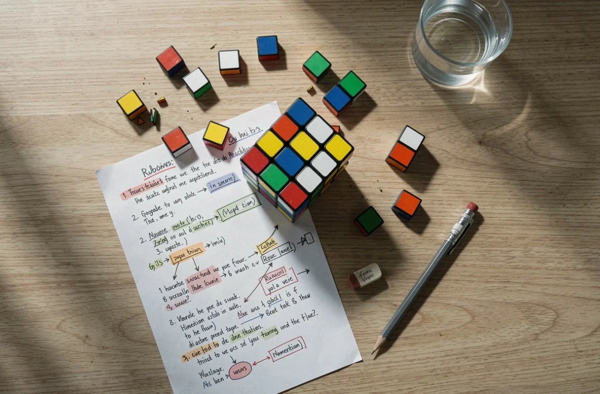 Vue de dessus d'un Rubik's cube partiellement démonté avec des notes manuscrites de résolution de problème sur une table en bois clair