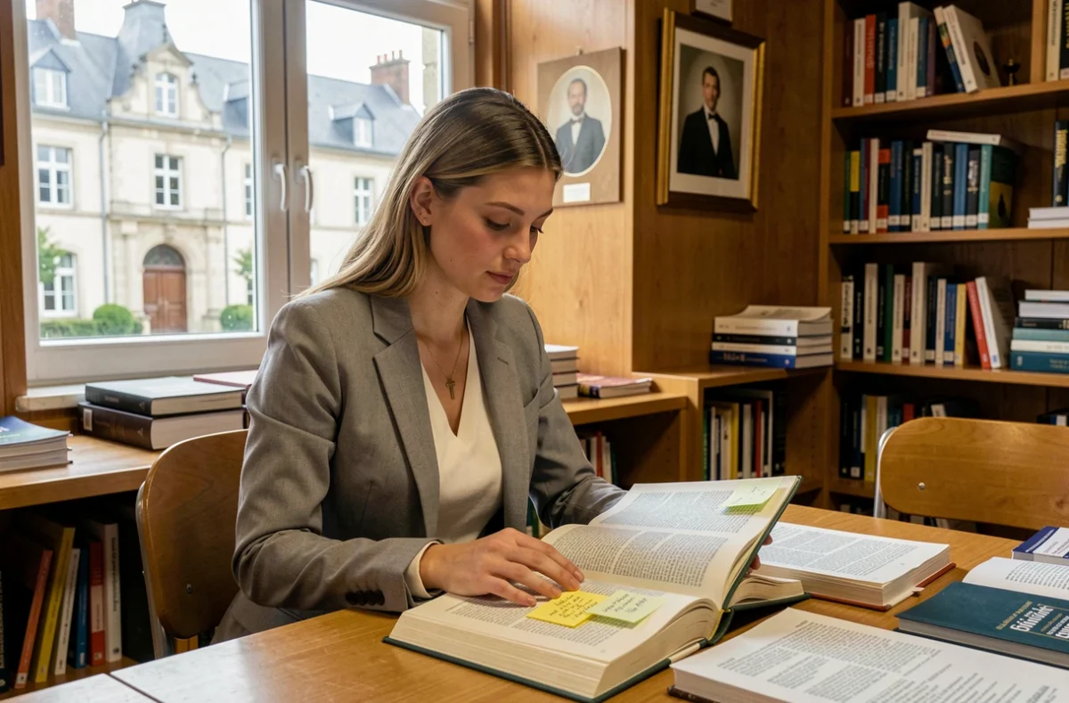 Étudiante révisant un manuel académique dans une salle de formation de l'établissement Sainte-Anne à Brest, entourée d'étagères de ressources pédagogiques
