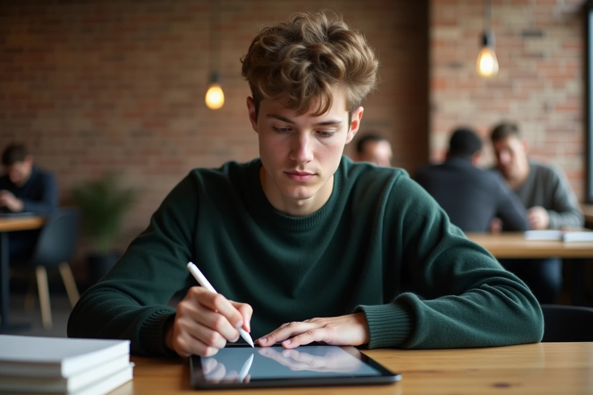Jeune adulte signant électroniquement un document de candidature sur une tablette dans un espace de coworking