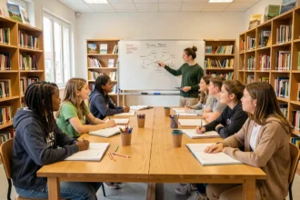 Groupe d'élèves en soutien scolaire avec un tuteur dans un centre éducatif en Seine-et-Marne