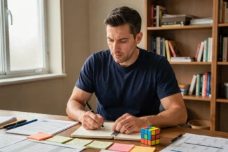 Homme concentré analysant ses notes stratégiques avec un Rubik's cube posé sur son bureau en bois