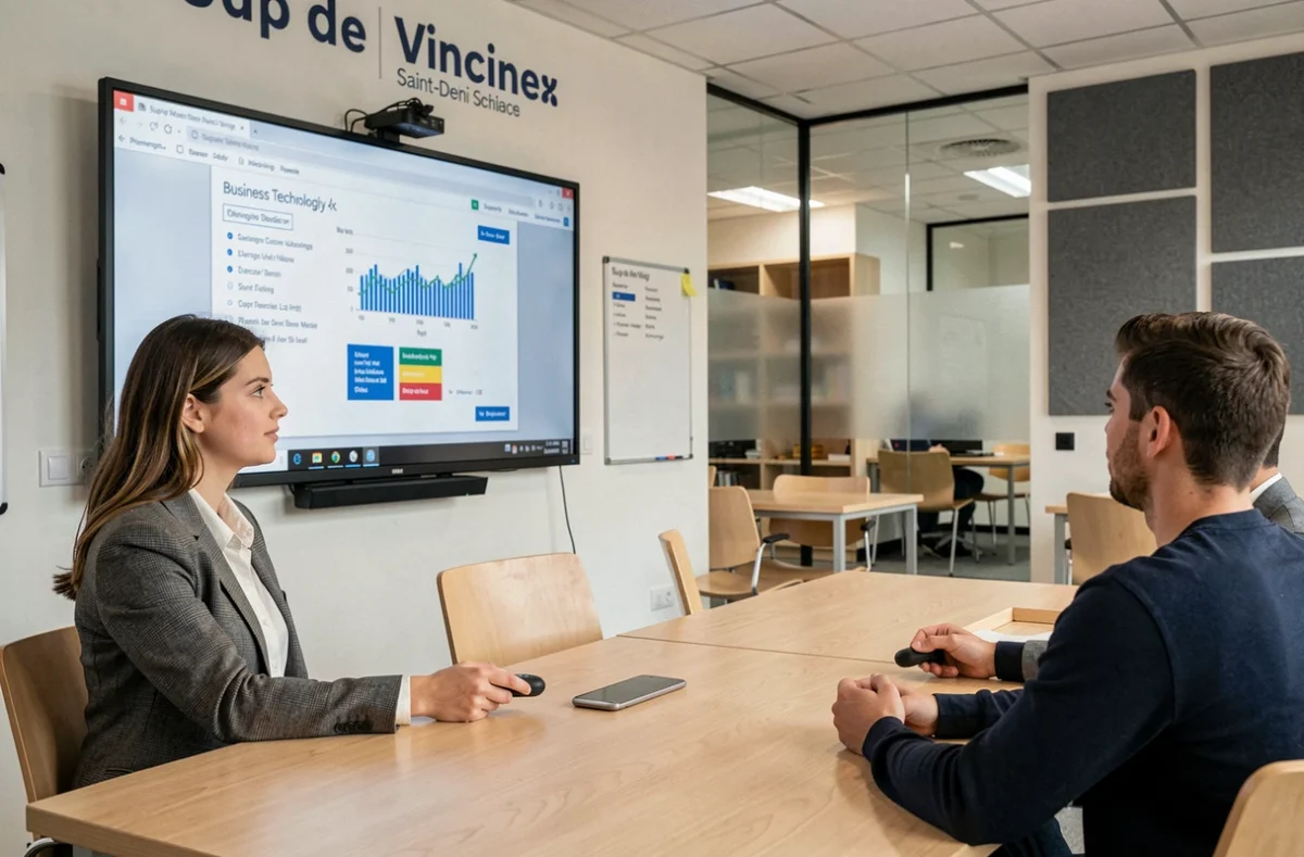 Étudiante présentant un projet informatique dans une salle moderne de Sup de Vinci à Saint-Denis