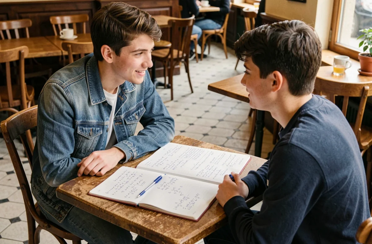 Professeur particulier Superprof donnant un cours informel à un lycéen dans un café