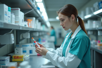 Jeune technologue en blouse examine des echantillons en laboratoire