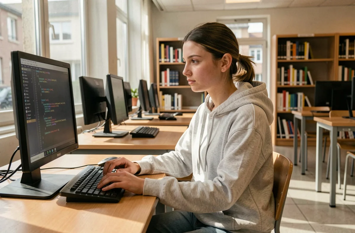 Étudiante en licence informatique à l'Université Paris 8 de Saint-Denis devant son ordinateur