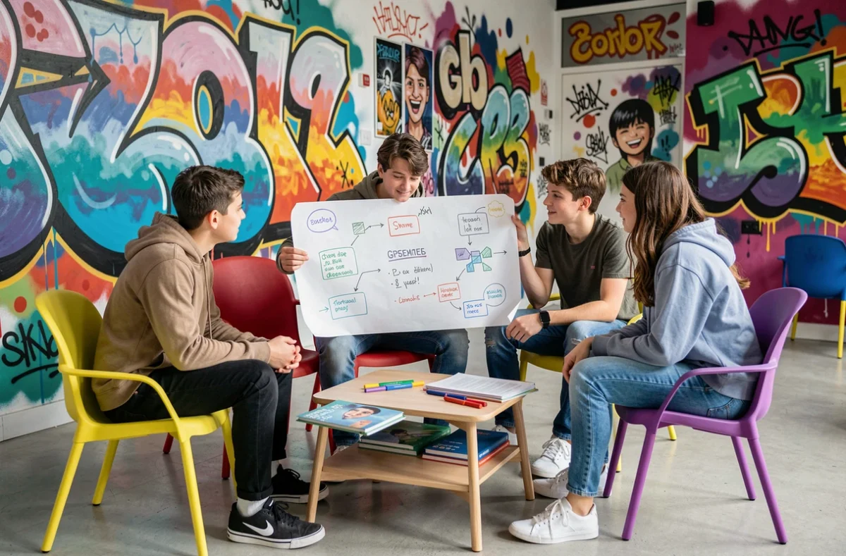Jeunes participants au programme ZUPdeCO s'entraidant dans un espace associatif dynamique